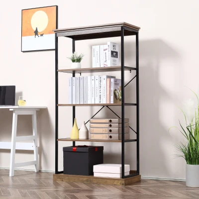 HOMCOM 4-Tier Industrial Open Bookshelf, Brown/Black