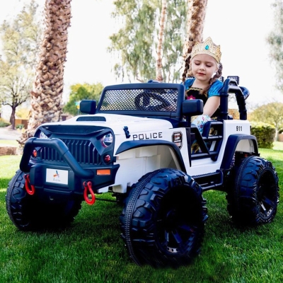 Aosom 12V Battery-powered Kids Electric Ride On Police Car 2-Seater SUV Truck Toy with Parental Remote Control, White