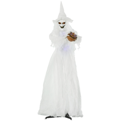 Outsunny 72" Life Size Outdoor Halloween Decoration - White Witch Holding Pumpkin Head, Standing Skeleton Ghost Prop Décor with Motion Activated, Light Up Eyes and Body