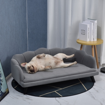 PawHut Dog Couch Pet Sofa Cat Bed with Extra Cushion Wood Legs, for Medium and Large Dogs, Dark Grey