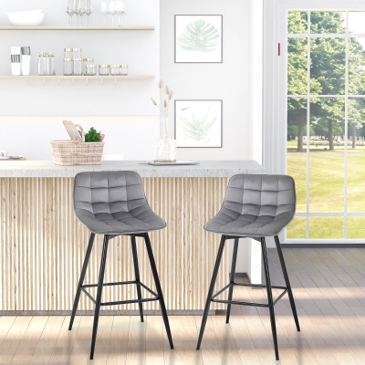 HOMCOM Bar Stools Set of 2 Velvet-Touch Dining Chairs Kitchen Counter Chairs Fabric Upholstered seat with Metal Legs, Backrest, Grey