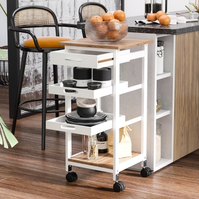 HOMCOM 4-Tier Kitchen Cart Serving Trolley with Drawer, Pull Out Trays, Rolling Wheels for Dining Living Room, White