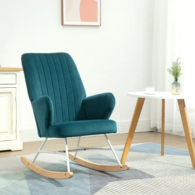 HOMCOM Modern Upholstered Rocking Chair, Wingback Glider - Blue