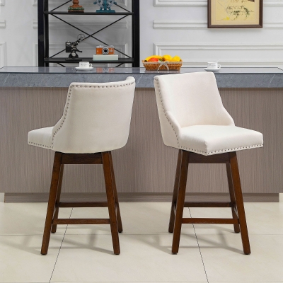 HOMCOM Swivel Bar stool Set of 2 Armless Upholstered Bar Chairs with Nailhead-Trim, Wood Legs, Cream White
