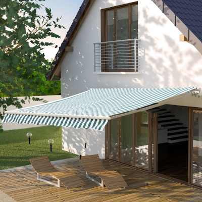Outsunny 12' x 10' Manual Retractable Awning Outdoor Sunshade Shelter for Patio, Balcony, Yard, with Adjustable & Versatile Design, Green and White