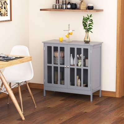 kleankin Storage Sideboard Buffet Cabinet Credenza with 2 Transparent Doors Dining Cupboard for Multifunction in Kitchen, Hallway, Living Room Grey