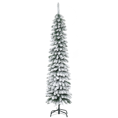 HOMCOM 6 Foot Snow-Flocked Artificial Christmas Tree, Slim Pencil Xmas Tree with 395 Realistic Branches, Metal Base, Green