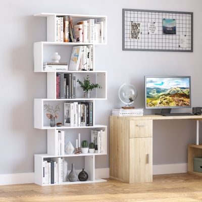 HOMCOM 6-Tires Wooden Bookcase S Shape Storage Display Unit Home Divider Office Furniture White
