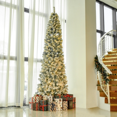 HOMCOM 9ft Prelit Artificial Snow Flocked Pencil Christmas Tree, Slim Xmas Tree with Warm White LED Light, Holiday Home Xmas Decoration, Green