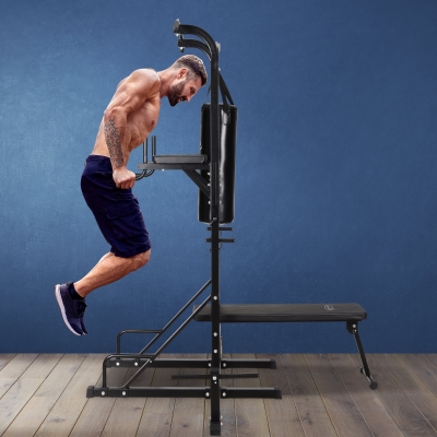 Soozier 86" Full Body Power Tower Home Gym Fitness Station with Punching Bag Adjustable Sit Up Bench