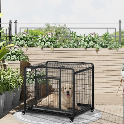 PawHut Folding Design Heavy Duty Metal Dog Cage Crate & Kennel with Removable Tray and Cover, & 4 Locking Wheels, Indoor/Outdoor 37" x 22.75" x 27.25"