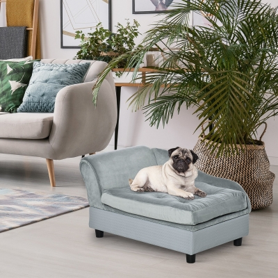 PawHut Pet Sofa Dog Couch Chaise Lounge Pet Bed with Storage Function Small Sized Dog Various Cat Sponge Cushioned Bed Lounge, Light Blue