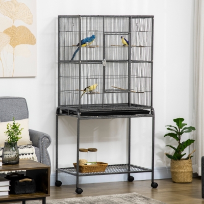 PawHut 30'' Large Rolling Metal Bird Cage Bird House with Detachable Rolling Stand Storage Shelf Wood Perch Food Container