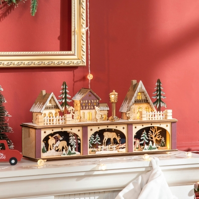 HOMCOM Christmas Village House Decoration, Pre-lit Winter Wonderland with 15 Battery Operated LED Lights, Indoor Room Decor Collection