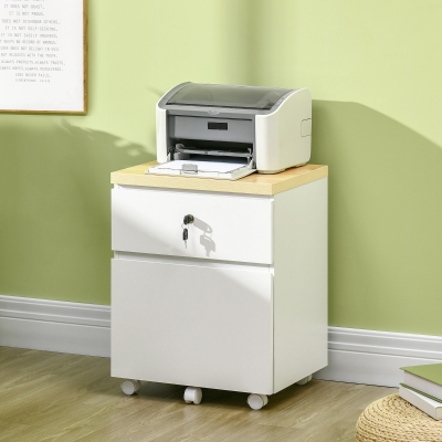 Vinsetto Locking File Cabinet with 2 Drawers, Rolling Filing Cabinet with Hanging Bars for A4 Size and Wheels, for Home Office Study, White