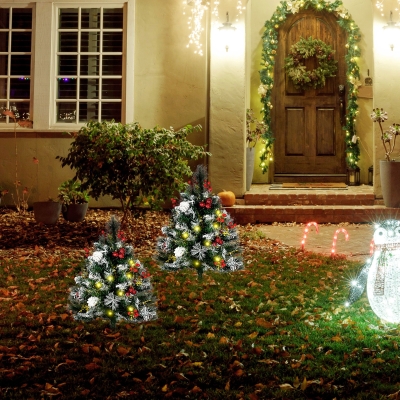 HOMCOM 2 Foot/23 inch 2 Pack Prelit Artificial Christmas Tree Cordless with 70 Branches, Warm White LED lights, Red Berries, Pine Cones, Balls, for Outdoor Entryway, Green