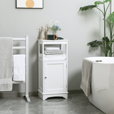 kleankin Morden Bathroom Floor Cabinet with Open Shelf, Freestanding Storage Organizer Unit with Single Door for Home Office, Living Room, Bedroom, White