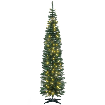 HOMCOM 7ft Tall Pre-Lit Slim Noble Fir Artificial Christmas Tree with Realistic Branches, 200 Warm White LED Lights and 499 Tips, Green