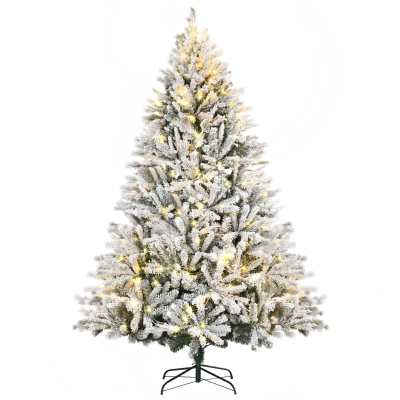HOMCOM 7Ft Tall Prelit Flocked Artificial Christmas Tree Holiday Décor with 2156 Realistic Branches, 400 Warm White LED Lights, Auto Open, Green