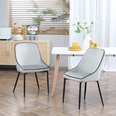 HOMCOM Dining Chairs Set of 2, Upholstered Velvet Fabric Accent Chair with Back, Steel Legs for Living Room, Grey