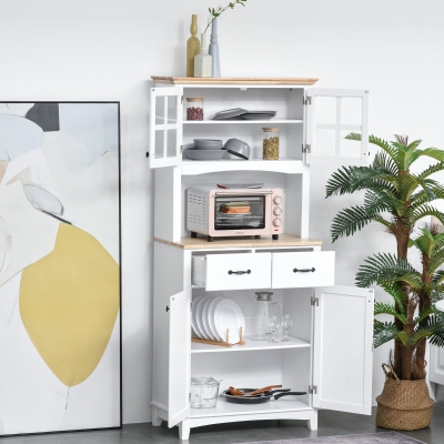 HOMCOM Coastal Style Kitchen Buffet and Hutch Wooden Storage Cabinet with Framed Glass Door Drawers Microwave Space for Dining Room Living Room White