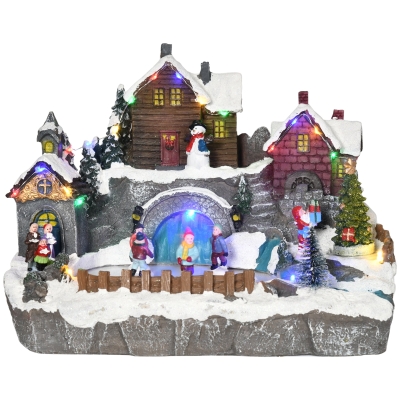 HOMCOM Christmas Village, Skating Pond Animated Winter Wonderland Set with Multicolored LED Light, Plug-In Christmas Decoration