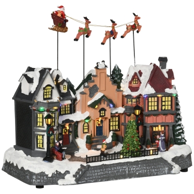 HOMCOM Christmas Village, Santa and Deer Skating Pond Animated Winter Wonderland Set with Multicolored LED Light, Battery Operated Christmas Decoration