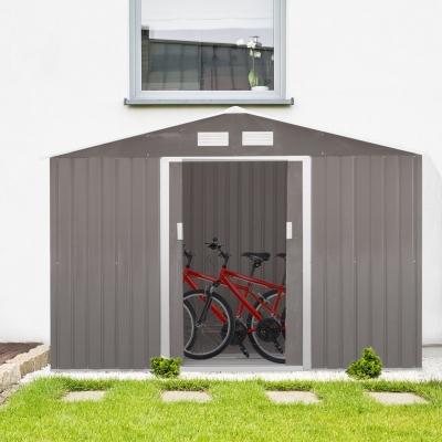 Outsunny 9.1' x 6.4' x 6.3' Garden Storage Shed w/Floor Foundation Outdoor Patio Yard Metal Tool Storage House w/ Double Doors Grey