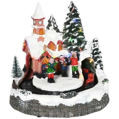 HOMCOM Animated Christmas Village Scene, Pre-Lit Musical Holiday Decoration with LED Lights, Rotating Train, 2 Musicians and 1 Commander