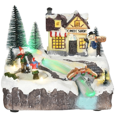 HOMCOM Animated Christmas Village Scene, Pre-Lit Musical Holiday Decoration with LED Lights, Fiber Optic, Rotating Skating Pond and 2 Skaters