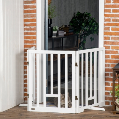 PawHut Freestanding Pet Gate with 2PCS Support Feet, 3 Panels Folding Dog Gates for the House Doorway Stairs, with Cat Door, Expands up to 71.3" Wide, 29.9" Tall, White