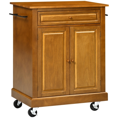 HOMCOM Modern Kitchen Island on Wheels, Rolling Serving Cart with Drawer, Storage Cabinet, and 2 Towel Racks for Dining Room, Brown