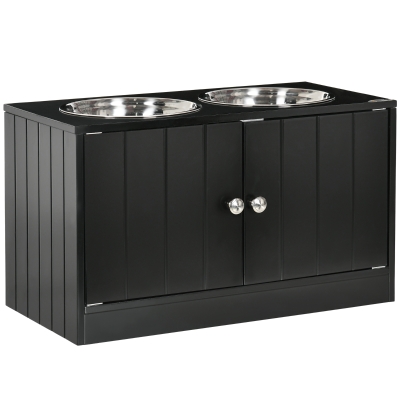 PawHut Elevated Dog Bowls for Large Dogs Pet Feeding Station with Stand, Storage, 2 Stainless Steel Food and Water Bowls, Black, 23.5" x 12" x 14"