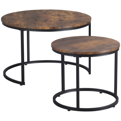 HOMCOM Round Nesting Tables Set of 2, Stacking Coffee Table Set with Metal Frame for Living Room, Rustic Brown