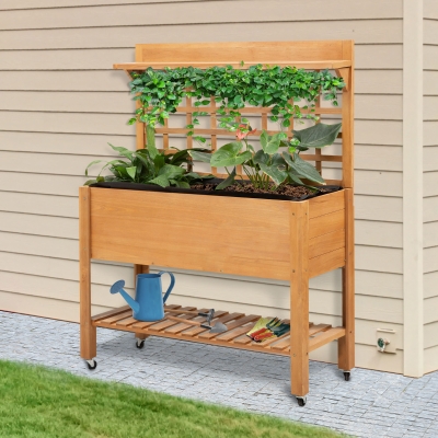 Outsunny 41.25"x15.75"x53.25" Wooden Planter Raised Elevated Garden Bed Planter Flower Herb Boxes for Vegetables Flower with Shelf and Wheels Solid Wood Outdoor/Indoor
