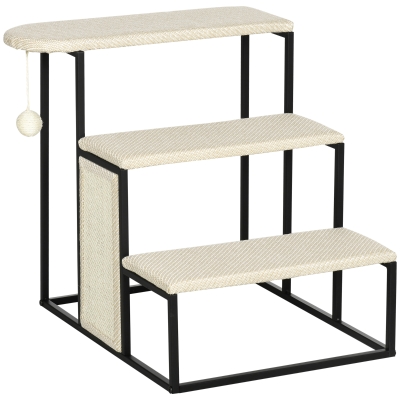 PawHut 20" 3 Steps Cat Stairs, Carpeted Ladder Ramp, Pet Steps with Scratching Board and Hanging Ball for Small Cats, Steel Frame, Cream White