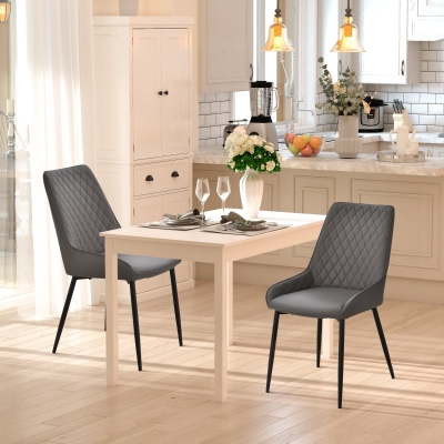 HOMCOM Set of 2 Mid Century Modern Dining Chair PU Leather Padded Chairs Metal Legs for Kitchen, Home Office, Grey