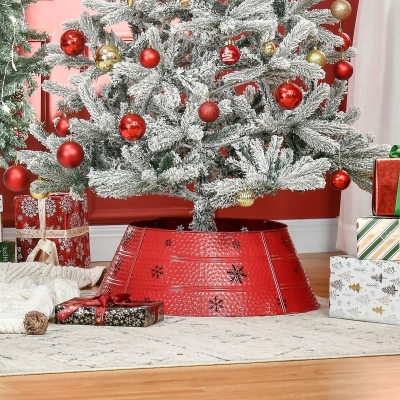 HOMCOM Christmas Tree Collar, 26" Metal Tree Ring Skirt, Home Xmas Decoration with Snowflake Engraving, Red