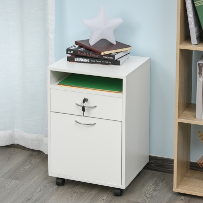 HOMCOM 24" Vertical Filing Cabinet with Lock, Mobile File Cabinet with Wheels, Storage Office Cabinet with Drawer, White