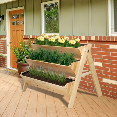 Outsunny 47.25''x26.75''x31.5'' 3 Tier Wooden Garden Flower Stand Vertical Plant Bed Storage with Clapboard, Hooks