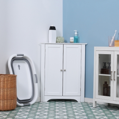 kleankin Modern Bathroom Storage Cabinet, Corner Cabinet with Doors, Bathroom Cabinet with Adjustable Shelf and Recessed Door, White