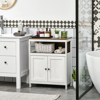 kleankin Modern Bathroom Storage Cabinet, Free Standing Bathroom Cabinet, Open Compartment and Cupboard with Adjustable Shelf, White and Walnut