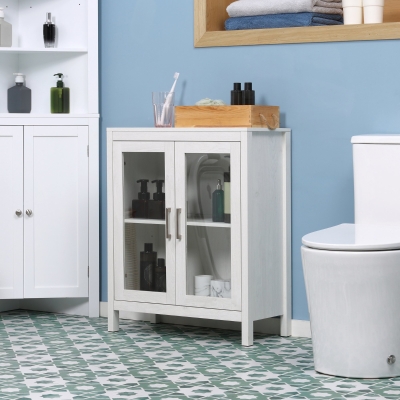 kleankin Modern Bathroom Storage Cabinet, Free Standing Bathroom Cabinet with Double Glass Doors and Adjustable Shelf, White