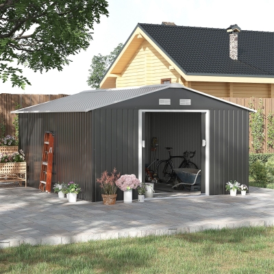 Outsunny 11.2ft x 12.5ft Practical Backyard Garden Storage Tool Shed 4 Ventilation Slots Double Sliding Door, Grey