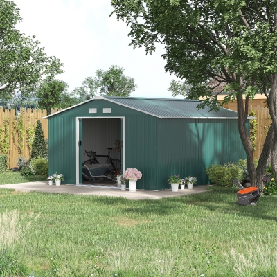 Outsunny 11' x 13' Practical Backyard Garden Storage Tool Shed Double Sliding Door 4 Ventilation Slots, Green