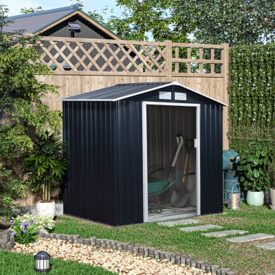 Outsunny 7' x 4' x 6' Garden Storage Shed Outdoor Patio Yard Metal Tool Storage House w/ Floor Foundation and Double Doors Dark Grey
