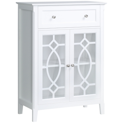 HOMCOM Kitchen Cabinet, Storage Cabinet, Sideboard Floor Accent Cabinet w/ 2 Glass Doors, Drawer & Adjustable Shelves for Living Room, Dining Room, Bedroom, Entryway, White
