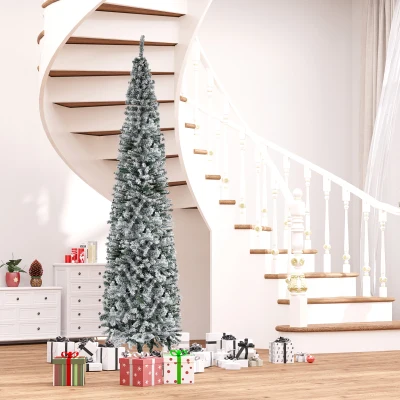 HOMCOM 9' Snow-Flocked Slim Artificial Christmas Tree