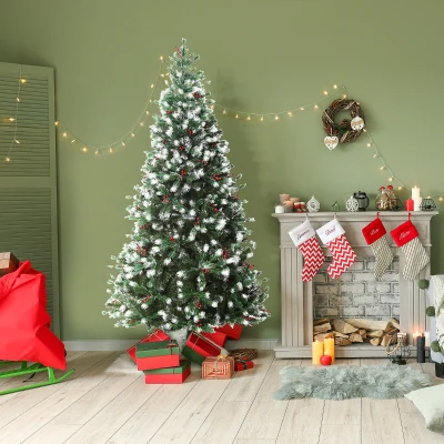 HOMCOM 7' Unlit Snow-Flocked Christmas Tree, Green/White