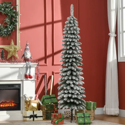 HOMCOM 6' Unlit Slim Pencil Xmas Tree, Snow Flocked Green